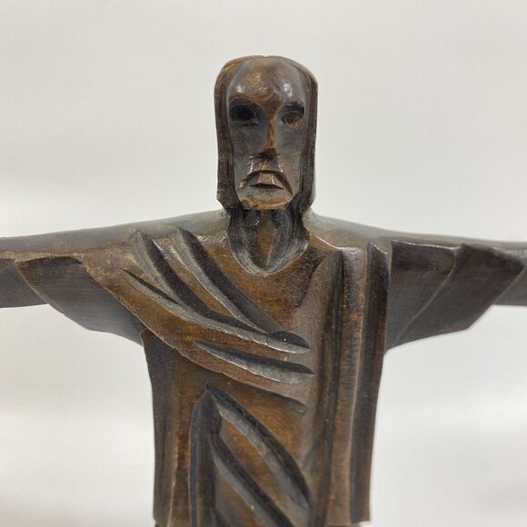 Carved Wood ‘Christ The Redeemer’ 8.75” Vintage Sculpture Figurine, Rio Souvenir - Picture 6 of 11
